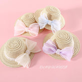 Pet Straw Hat with Pearl Mesh Bow Tie