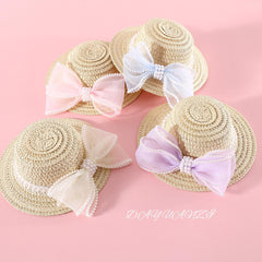 Pet Straw Hat with Pearl Mesh Bow Tie