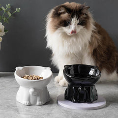 Pet Ceramic Bowl Elevated Raised and Tilted Cat Shaped