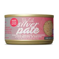 Tiki Cat Silver Senior Mousse + Shreds Chicken, Salmon & Chicken Liver Recipe in Broth