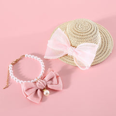 Pet Straw Hat with Pearl Mesh Bow Tie