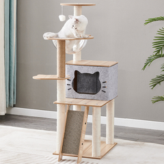 Mansion Cat Tree Wood Grey Cat Face Shape - 120cm N1Brown