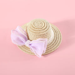 Pet Straw Hat with Pearl Mesh Bow Tie