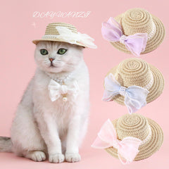 Pet Straw Hat with Pearl Mesh Bow Tie